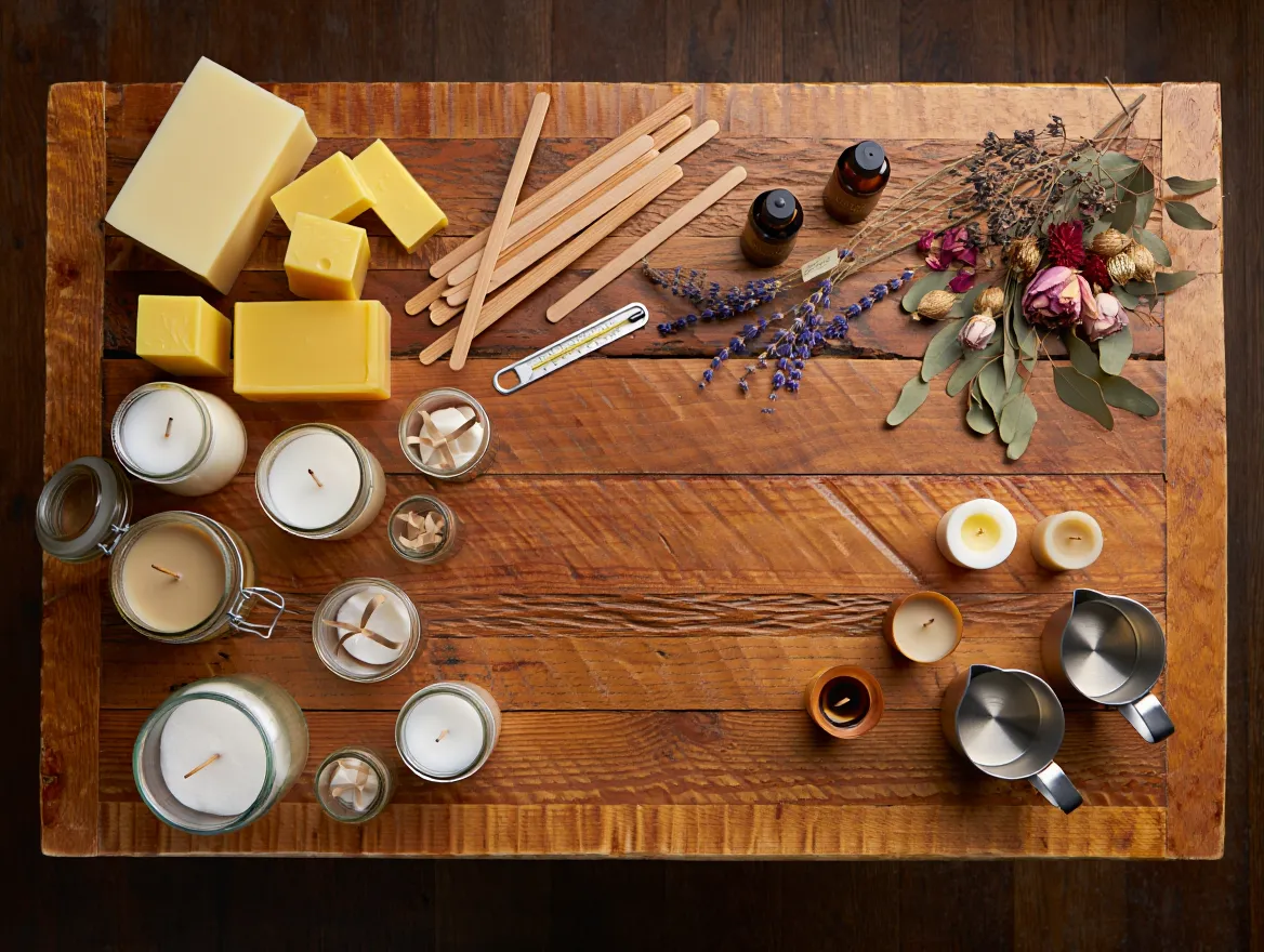 Workshop table with candle making supplies